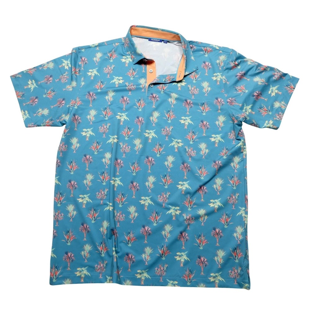 Devereux Polo Shirt Mens 2XL Blue Palm Tree Print Golf Stretch Performance